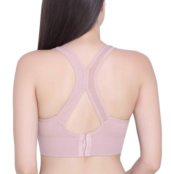 GLAMORAS Women’s Sports Bra – Nylon Spandex, Padded, Non-Wired Racer Back for Gym & Workout